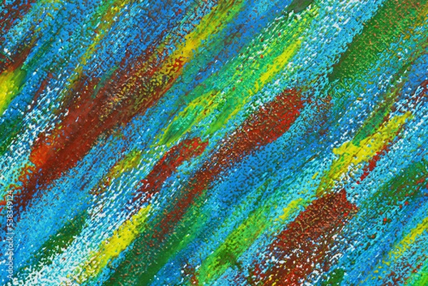 Fototapeta Creative background of colorful brush strokes on canvas closeup. Abstract art background from smeared brush strokes of green red blue yellow colors macro. Drawing painting paint texture backdrop