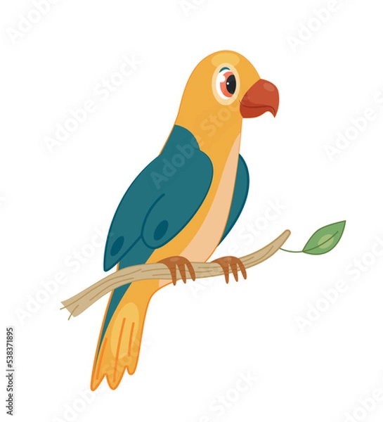 Fototapeta African parrot concept. Multicolored blue yellow bird with red beak sits on branch in jungle or tropical forest. Savannah, wild life and nature. Toy or mascot. Cartoon flat vector illustration