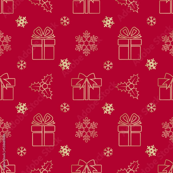 Fototapeta Holiday seamless pattern with snowflakes, presents and mistletoe for Christmas and New Year. Endless repeating pattern as wallpaper, fabric print, surface texture, package or gift paper.