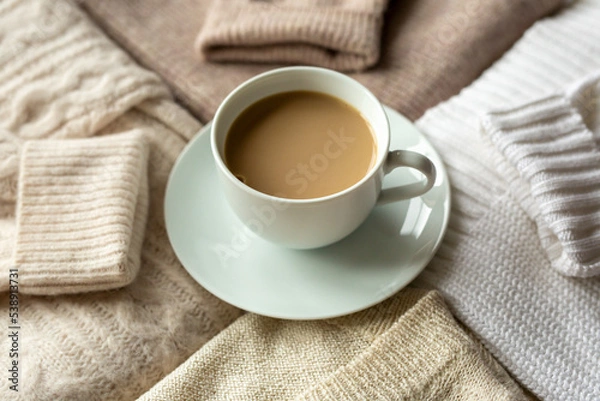 Fototapeta A mug of cocoa among beige sweaters, autumn mood