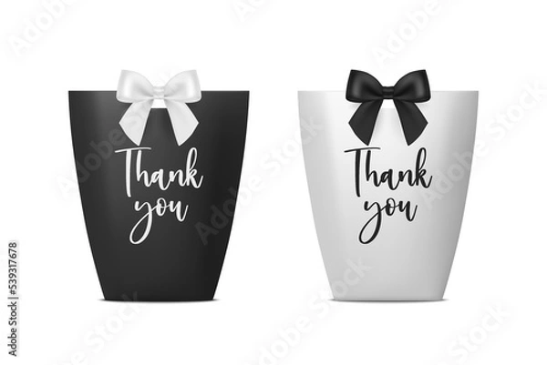 Fototapeta Thank You. Vector 3d Realistic Black and White Paper Gift Bag, Box for Birthday or Party with Gift Bow, Ribbon. Carry Bag for Present Icon Set Isolated on White Background