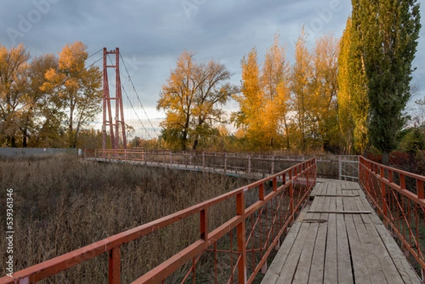 Fototapeta Path leading to the suspension footbridge across the Chagan River in Kazakhstan. Suspension bridge in autumn.