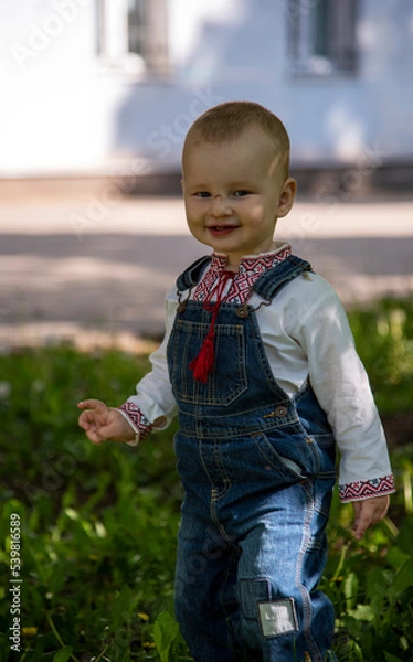 Fototapeta Baby boy in Ukrainian vyshyvanka in the park