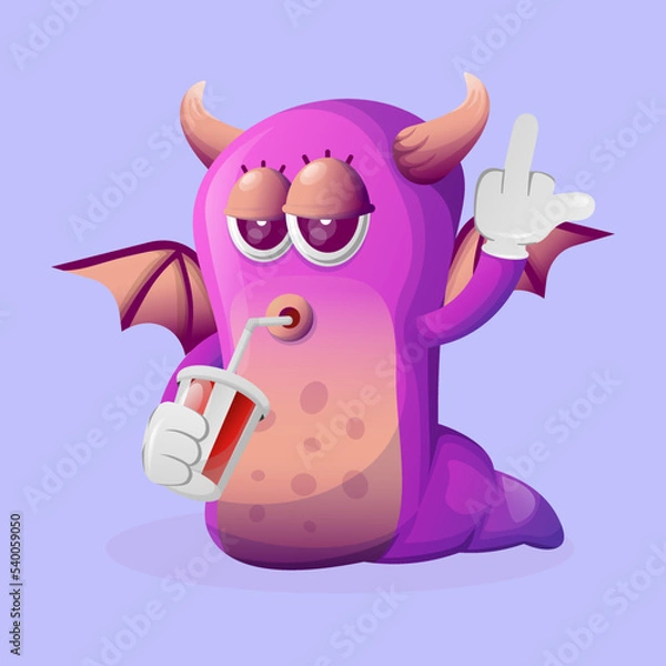 Fototapeta Cute purple monster showing middle fingers