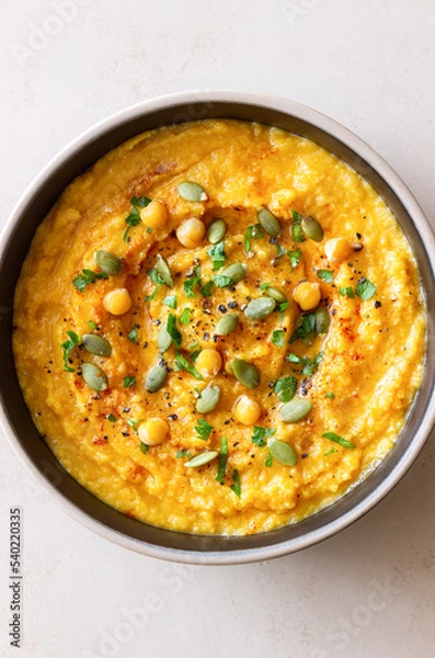 Fototapeta Pumpkin hummus with seeds and greens. Healthy eating. Vegetarian food.