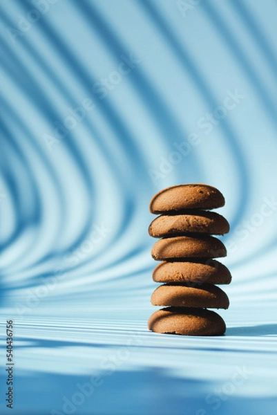 Fototapeta Sweet homemade brown cookies on blue background. Biscuit,  pastry. Top view, copy space, mockup. Flat lay. Food and drink.