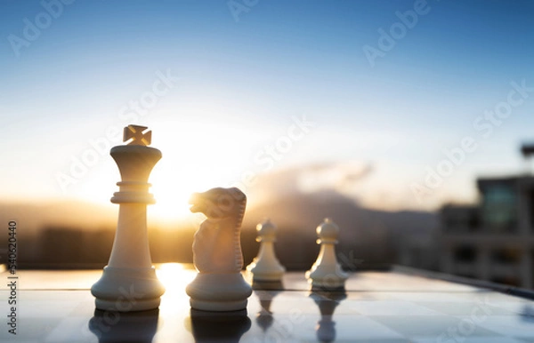 Fototapeta Chess king, knight and pawns on city background