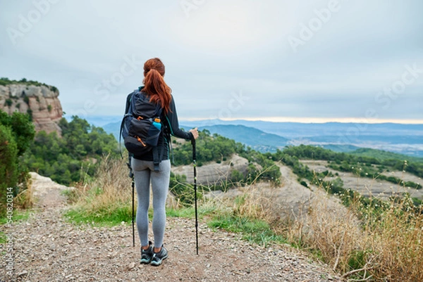 Fototapeta Ginger tourist with ski sticks enjoying the view