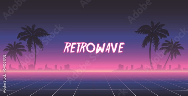 Fototapeta 1980's neon sci fi landscape. Retrowave, synthwave vector background. Cyberpunk perspective grid.