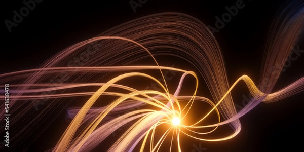 Fototapeta Abstract 3D illustration of glowing orange yellow orb with long curly waving tendrils, science or research concept, neuron cell or synapse visualization on black background