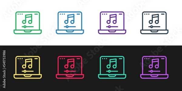 Obraz Set line Laptop with music note symbol on screen icon isolated on black and white background. Vector