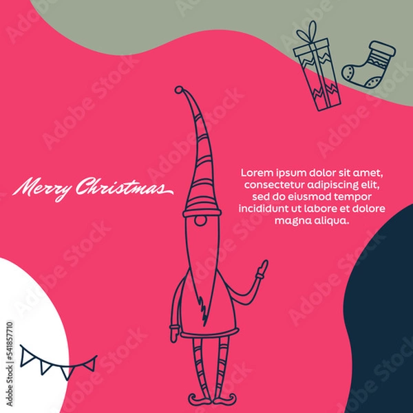 Fototapeta Merry Christmas greeting card, poster, holiday cover. Minimalist Christmas design in blue and pink tones with hand-drawn elements.