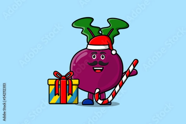 Fototapeta cute cartoon Beetroot santa clause character is bringing candy cane and boxes christmas 