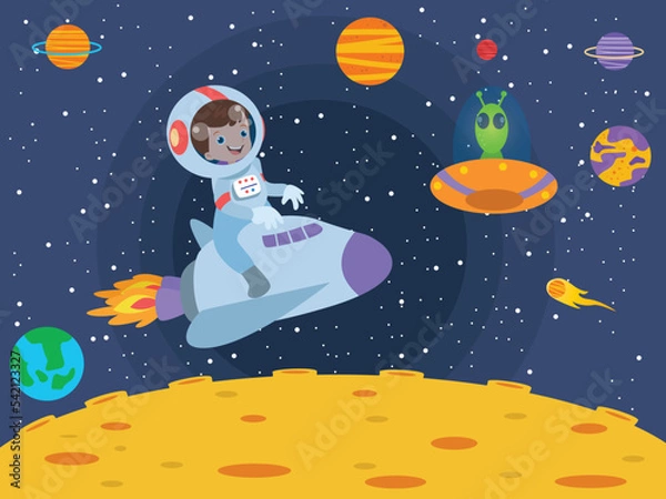 Fototapeta astronaut boy flying with a spaceship in space, flat design illustration