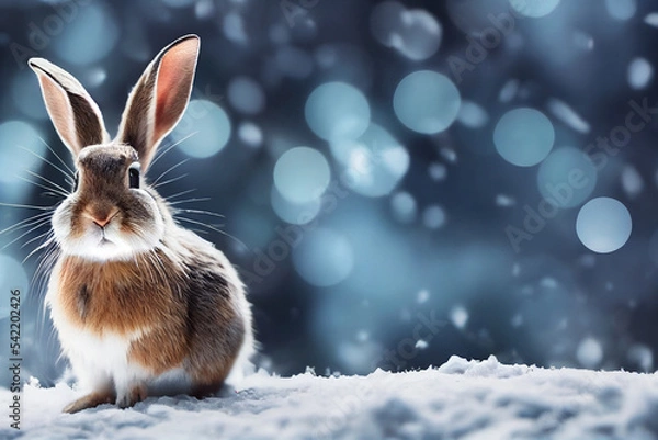 Fototapeta Christmas or New Year card with cute rabbit symbol of 2023 in winter.Copy space. AI