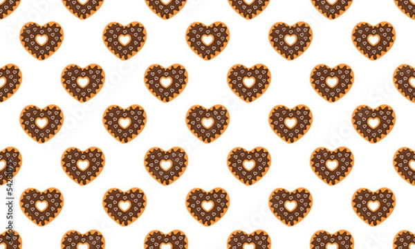 Fototapeta Heart shaped donut seamless pattern. Sweet doughnuts with chocolate glaze background for Valentines day. Scrapbooking or wrapping paper, napkin or tablecloth fabric design. Vector cartoon illustration