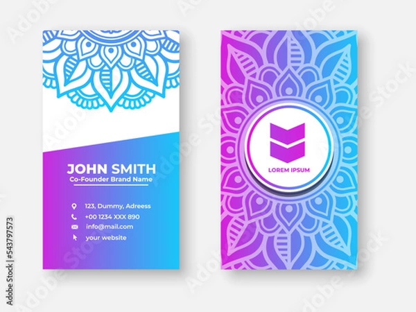 Fototapeta Colorful gradient mandala business card design. Bright floral ornamental elements, Indian, Asian, Arabic, Islamic, and ottoman motif, Vector illustration