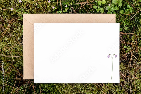 Fototapeta White blank card, craft envelope on green natural background in forest. Eco friendly concept. Top view Flat lay Mockup