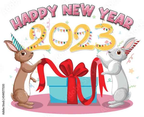 Fototapeta Happy New Year text with cute rabbit for banner design