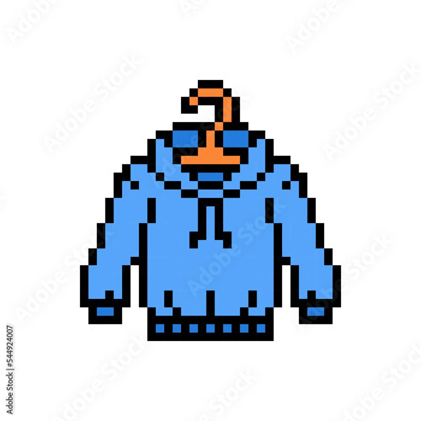 Fototapeta Pixel art symbol of a blue hoodie on a hanger isolated on white background. Long sleeve sweatshirt with a hood, 8 bit icon. Old school retro vintage 90s, 80s slot machine, 2d video game graphics