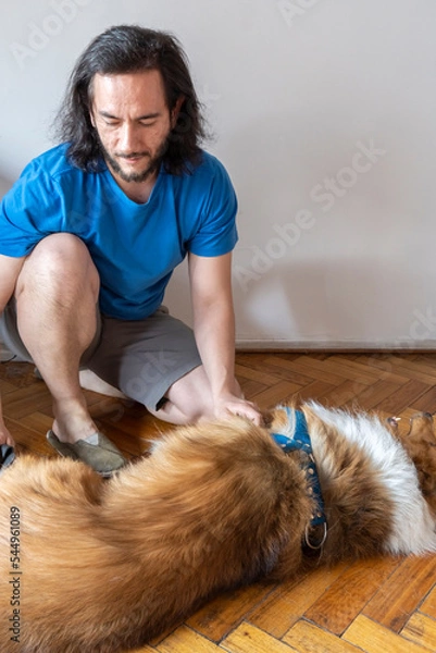 Fototapeta Mexican guy enjoying brushing his dog at home. Copy space. Vertical.