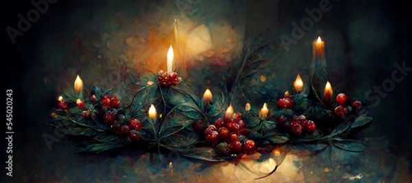 Fototapeta Digital Illustration Banner of Colorful Christmas Holly Berries and Candlelight Garland for Wallpapers, Backgrounds. AI Artificial Intelligence Concept. Generative Art