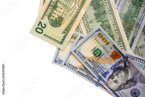 Fototapeta bundle of money 100 us dollar Banknotes isolated over white background. Business, finance, saving, bank and people concept - close up one hundred usd. American paper currency. US dollars. Copy space