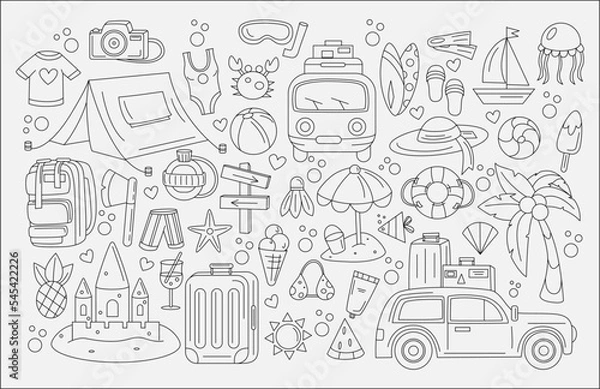 Fototapeta Summer line icons. Beach vacation. Hand drawn sea rest. Travel party. Tropical sun or water. Camping tent. Hiking tourism. Tourists trailer with baggage. Vector doodle recent objects set