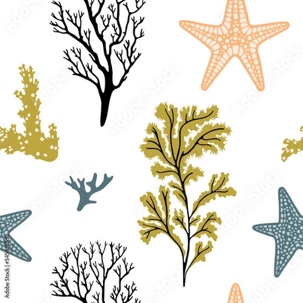 Obraz Seamless pattern exotic corals, plants and a starfish. Underwater and sea life concept. Hand draw vector illustration in trendy colors. For prints, textile and package design.