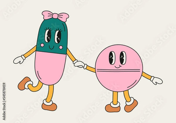 Fototapeta Funny couple of pills in cartoon groovy style. Cute medicament characters. Painkillers, antidepressants, antibiotics, vitamins pharmacy drugs. Concept of love and friendship. Vector illustration