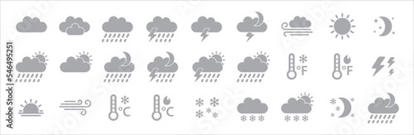 Obraz Weather icon set. Weather forecast vector icons for web and application. Contain symbol of rain, clouds, snowy, sunny, storm, lightning, hot and cold temperature. Vectors stock illustration isolated.