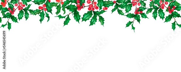 Fototapeta Hand drawn watercolor holly twig banner. Christmass and New Year symbol, decorative element. Scrapbook, poster, label, banner, post card.