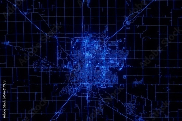 Fototapeta Street map of Bloomington (Illinois, USA) made with blue illumination and glow effect. Top view on roads network