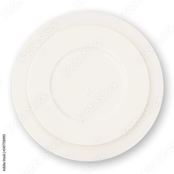 Fototapeta Table setting top view. Two white plates empty isolated on white