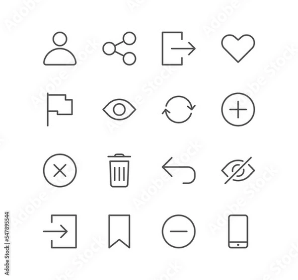 Fototapeta Set of interface and related icons, log in, log out, search, notification and linear variety vectors.