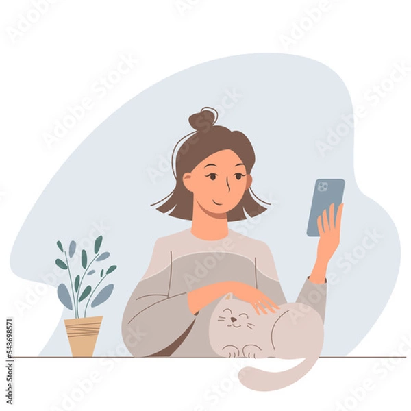 Fototapeta Cute cartoon girl with a phone petting a cat. Vector cozy illustration with a nice young woman and pet.