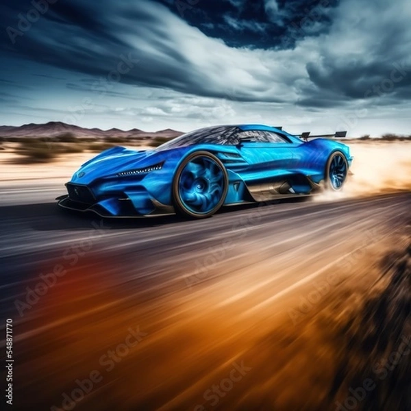 Fototapeta Epic blue sports car concept full speed on race test course. 3d render digitally generated idea.