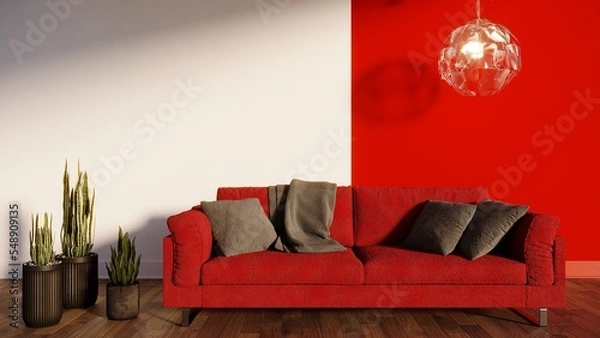 Fototapeta Red sofa against the background of  Red and white background. Green flowers. 3d render