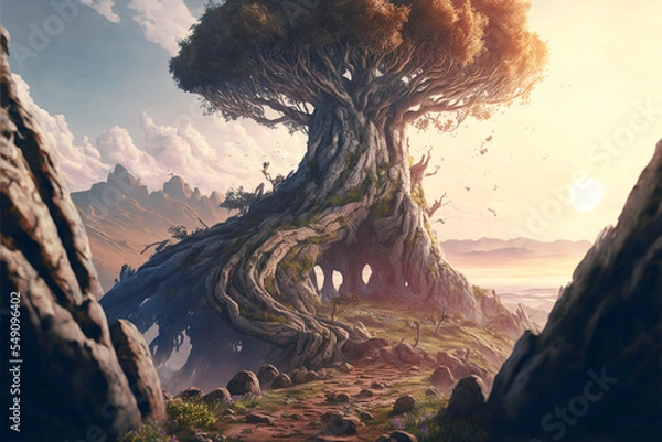 Fototapeta Surreal giant tree on top of a hill, detailed, path up the hill, vast landscape