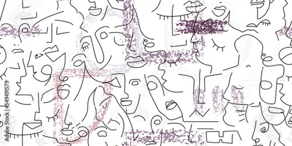 Fototapeta One line drawing. Abstract face seamless pattern.