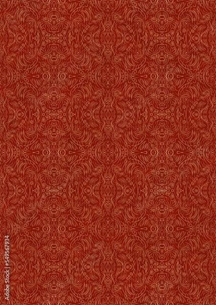 Fototapeta Hand-drawn unique abstract symmetrical seamless gold ornament on a bright red background. Paper texture. Digital artwork, A4. (pattern: p03e)