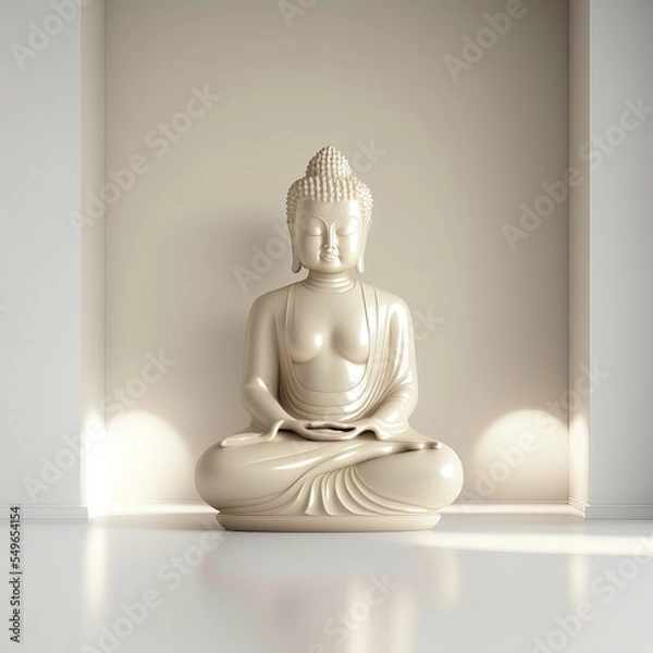 Fototapeta white buddha in luxury room. LED light built in, minimalist, 3D rendering