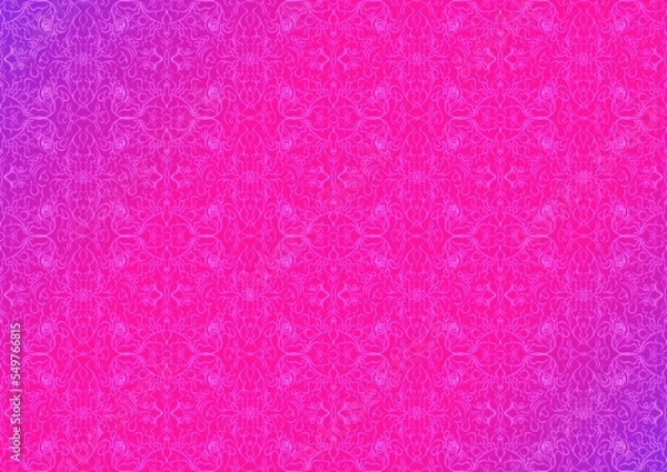 Fototapeta Hand-drawn abstract seamless ornament. Neon gradient (plastic pink to proton purple) background and glowing pattern on it. Cloth texture. Digital artwork, A4. (pattern: p07-1c)