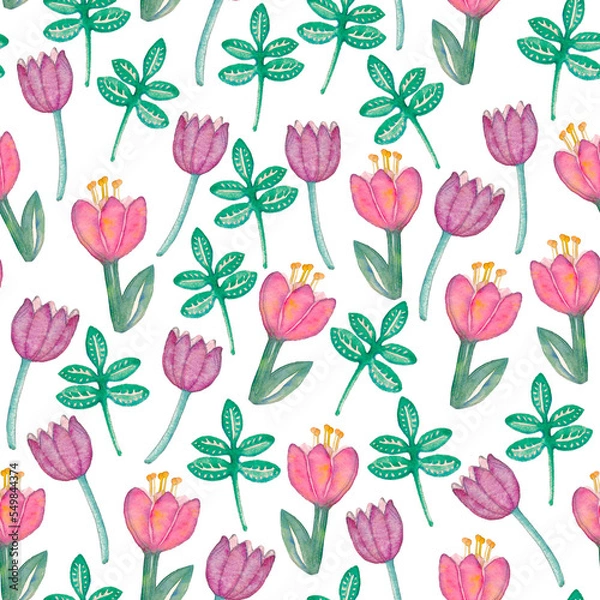 Fototapeta Watercolor folk flowers seamless pattern, wildflowers background, green leaves, ornamental backdrop