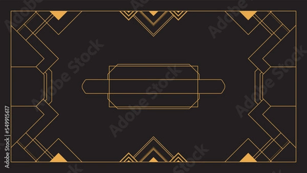 Fototapeta Art deco background with golden line on black background. Art deco vintage linear thin line geometric shape retro design frame badge. Art deco line border for wedding, template, greeting card, poster