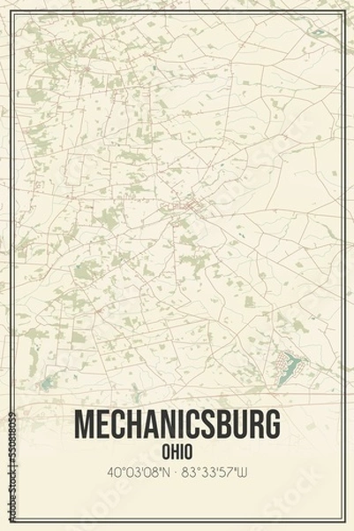 Fototapeta Retro US city map of Mechanicsburg, Ohio. Vintage street map.