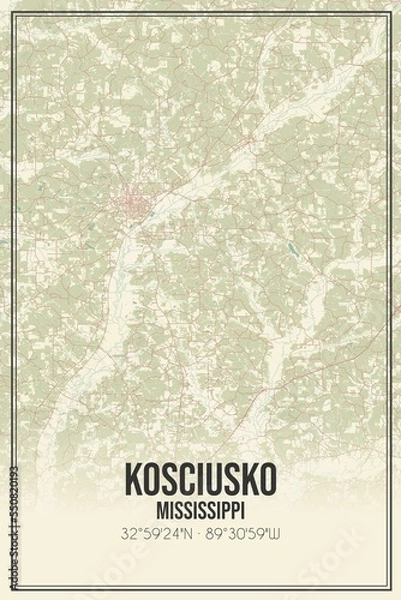 Fototapeta Retro US city map of Kosciusko, Mississippi. Vintage street map.