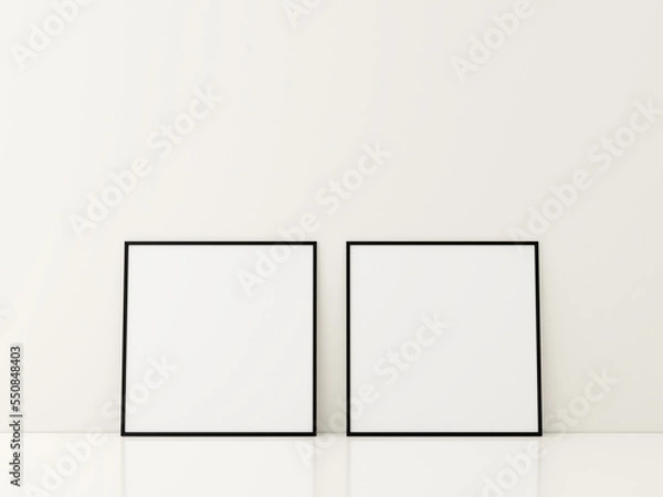 Fototapeta Frame with poster mockup standing on the white floor. minimalist frame mockup. 3d rendering