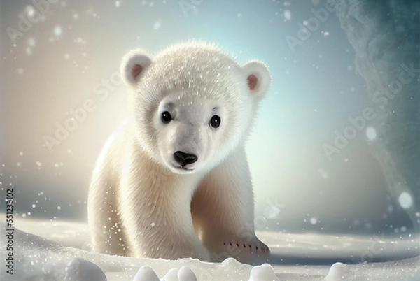 Fototapeta Cute baby polar bear in snow winter, generative ai