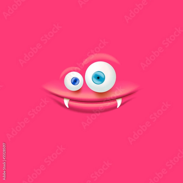 Fototapeta Vector funny pink monster face with open mouth with fangs and eyes isolated on pink background. Halloween cute and funky monster design template for poster, banner and tee print